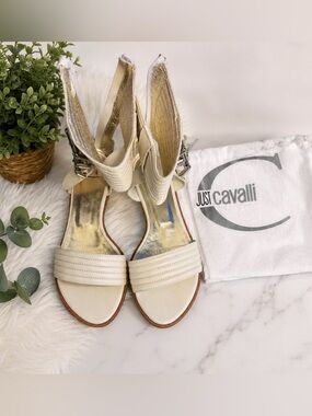 Just Cavalli White Ankle Cuff Sandals – Size 8.5 | Dust Bag Included